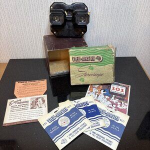 View Master Stereoscope Lot w Storage Box 4 Reels 1950s Vintage Bakelite Sawyers